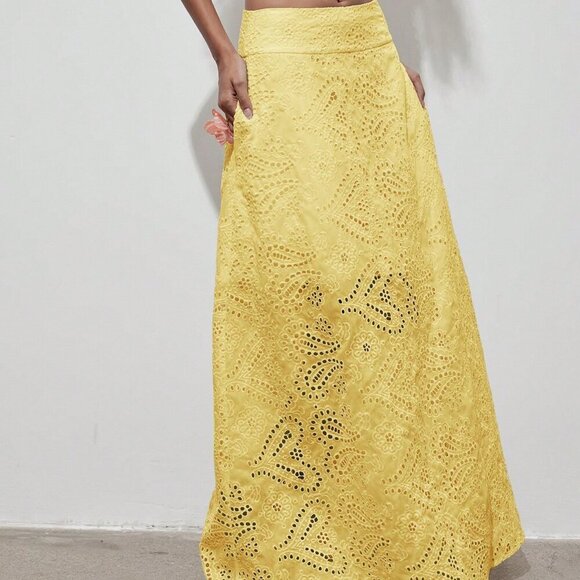Yellow Elegant Women's Floral Hollow Out Full Embroidery A-Line Maxi Skirt - Picture 7 of 10